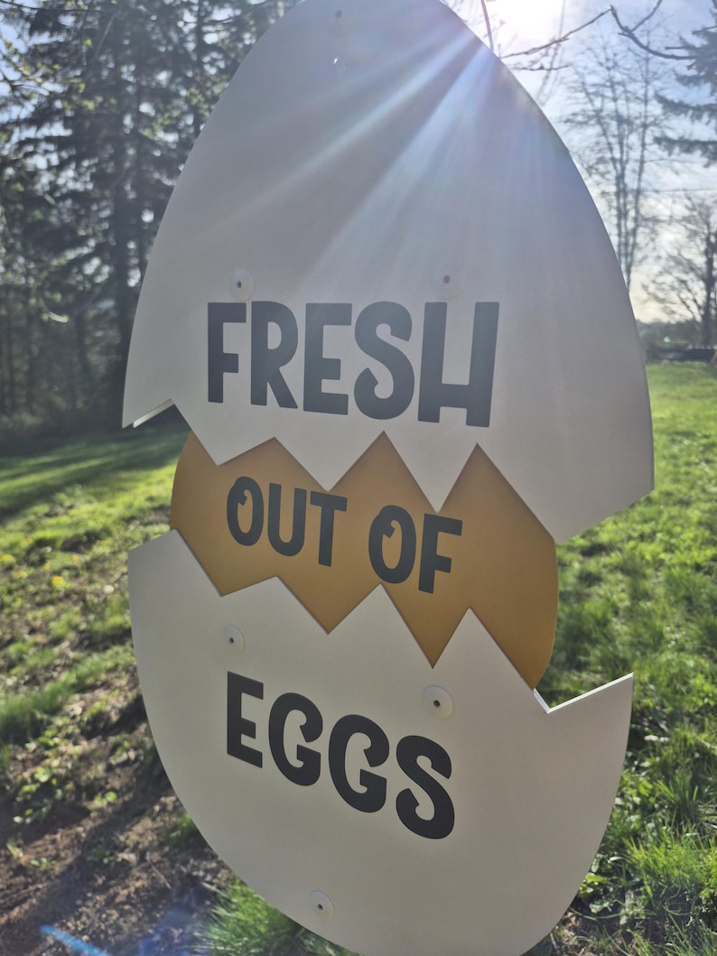 May include: A white egg-shaped sign with a jagged horizontal crack across the middle revealing a yellow center. The sign features the black text FRESH on the top half, OUT OF in the center, and EGGS on the bottom half, all in a bold sans-serif font.