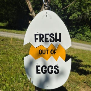 May include: A white egg-shaped sign with a jagged horizontal crack across the middle revealing a yellow center. The sign features the black text FRESH on the top half, OUT OF in the middle, and EGGS on the bottom half. The brand name RUNWAY ROOTS is printed in small letters near the top.