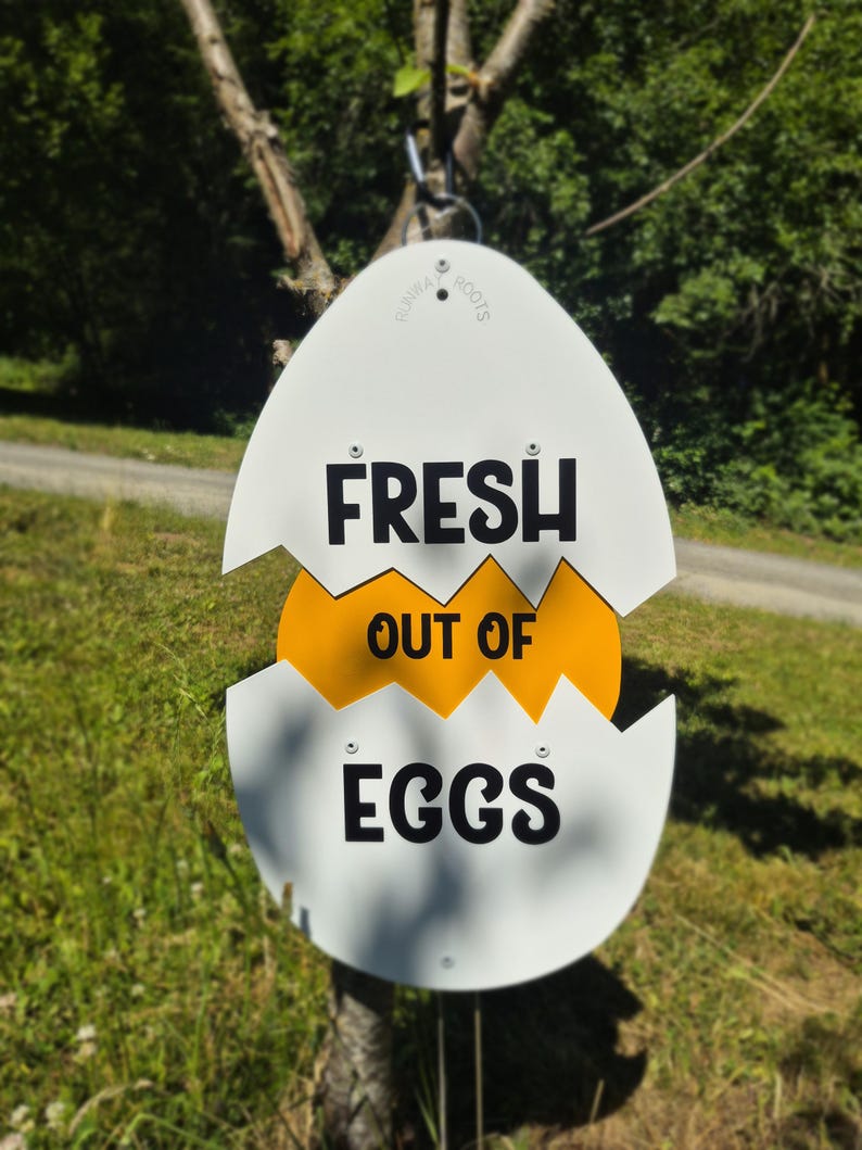May include: A white egg-shaped sign with a jagged horizontal crack across the middle revealing a yellow center. The sign features the black text FRESH on the top half, OUT OF in the middle, and EGGS on the bottom half. The brand name RUNWAY ROOTS is printed in small letters near the top.