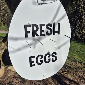 May include: A white, egg-shaped metal sign featuring a jagged horizontal crack across the middle. The text "FRESH" is printed in black capital letters above the crack, and "EGGS" is printed in black capital letters below. A metal wire is attached.