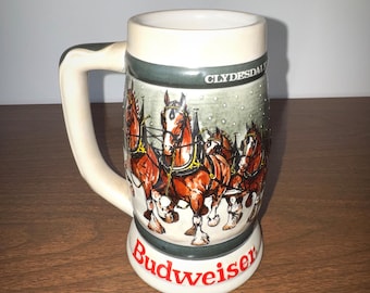 Jarra de cerveza Budweiser Clydesdale 50th Anniversary de 1983, Ceramarte Brasil vintage, decoración de bar Snowy Cabin