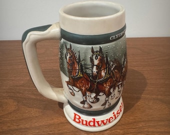 1983 Budweiser Clydesdale 50th Anniversary Stein, Vintage Ceramarte Brazil, Snowy Cabin Barware Decor