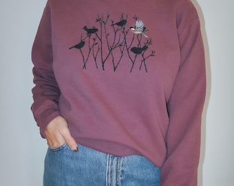 Vintage sweatshirt met geborduurde vogel, Mauve Cottagecore ronde hals l