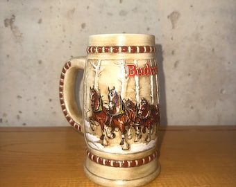 1981 Vintage Budweiser Holiday Stein Snowy Woodlands Clydesdales Ceramarte