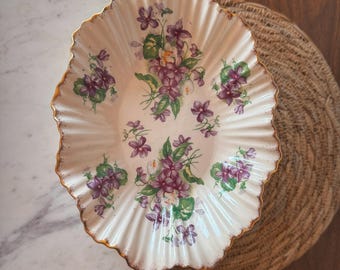 Bol para baratijas vintage James Kent Longton Violets con borde festoneado, plato de porcelana inglesa de hueso con diseño floral.