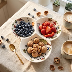 Può includere: Un piatto da portata in ceramica a tre sezioni decorato con colorate illustrazioni floreali e botaniche. Il piatto contiene mirtilli freschi, fragole a fette e noci intere. Un cucchiaio dorato riposa accanto su una tovaglia di lino testurizzato.
