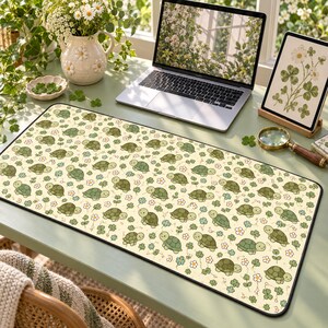 Turtle Desk Mat • Green Tortoise Ditsy Pattern • Sage Cream Home Office Decor