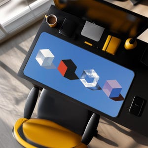 Modern Desk Mat Blue Minimal Cube Design for Premium Workspace Setup