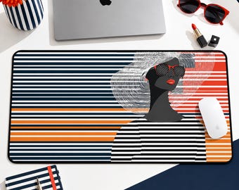 Desk Pad Art, Op Striped Portrait Pop Illustration | Bold Modern Office Workspace Decor