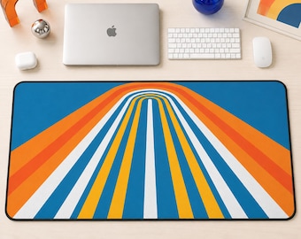 Striped Desk Mat, Retro 70s Rainbow Arch Art | Orange Blue Vintage Office Decor