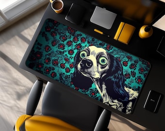 Tappetino per PC con divertente illustrazione floreale turchese di un Cocker Spaniel, ideale per l'ufficio o la casa, regalo creativo per gli amanti dei cani.