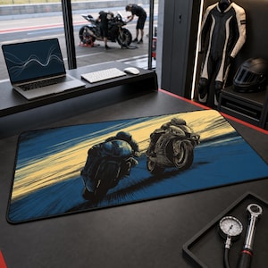 Racing Desk Mat, Motorcycle Superbike Speed Art | Bold Navy Blue Gaming Setup Decor