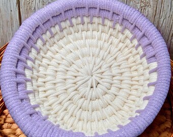 Lavender White Coiled Rope Basket, Boho Entryway Organizer, Recycled Cotton Cord, Reusable Storage Catchall
