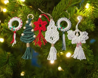 Macrame Christmas Ornament Set, Rustic Holiday Decorations, Handmade Cotton Wreaths, Angels, Trees