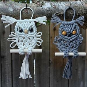 May include: Two macrame owl wall hangings, one white and one dark gray, each featuring knotted cord patterns, tufted ear tufts, round wooden bead eyes, and a small wooden perch. Each owl has a hanging loop at the top and a tassel tail at the bottom.