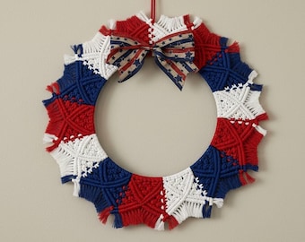 17 Inch Red White Blue Macrame Wreath, Patriotic 4th of July, Recycled Cotton Cord