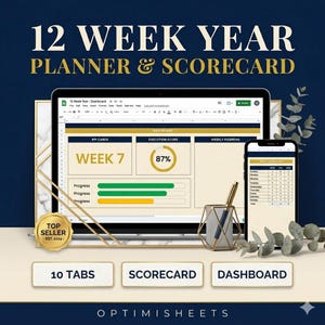 May include: A digital planner and scorecard displayed on a laptop and smartphone. The laptop screen shows a dashboard with progress bars and an execution score of 87%. The text reads "12 Week Year Planner & Scorecard" with the words "10 Tabs", "Scorecard", and "Dashboard" below.