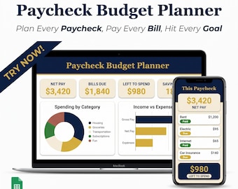 Paycheck Budget Planner Google Sheets Template, Bill Tracker, Expense Log, Savings Goals Spreadsheet