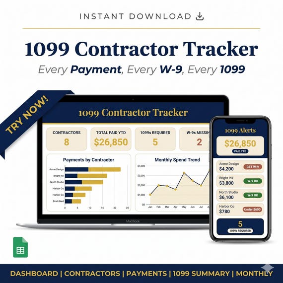 1099 Contractor Tracker Google Sheets, Payment Log, W-9 Status, Threshold Alert