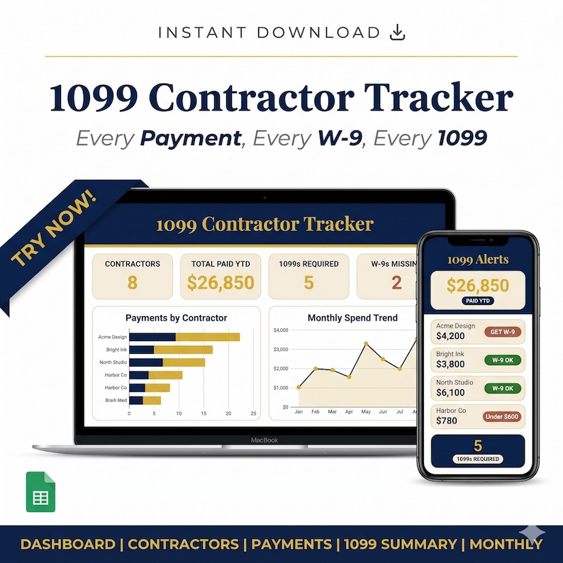 May include: A laptop and smartphone display a 1099 Contractor Tracker. The laptop shows contractor payments, monthly spend trends, and totals. The phone displays 1099 alerts. The text reads "1099 Contractor Tracker" and "Instant Download."