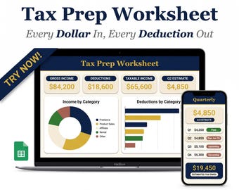 Hoja de cálculo de Google Sheets para la preparación de impuestos, registro para trabajadores autónomos, calculadora trimestral (descarga digital)