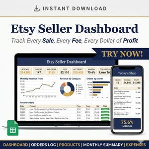 May include: A digital Etsy Seller Dashboard displayed on a laptop and smartphone. The dashboard tracks sales, fees, and profit, with charts and tables showing revenue, orders, and product performance. The screen displays the text "Etsy Seller Dashboard" and "Instant Download".
