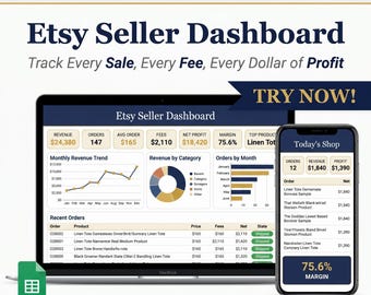 Panel de control de vendedor de Etsy en Google Sheets, hoja de cálculo de seguimiento de la tienda, análisis de ventas, calculadora de beneficios.