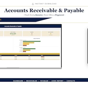 May include: A digital display of an accounting software interface, labeled "Accounts Receivable & Payable." The interface shows financial data, charts, and tables. A smartphone displays a similar interface. The text "Track Every Invoice, Never Miss a Payment" is also visible.