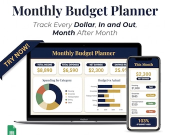 Monthly Budget Planner Google Sheets, Expense Tracker, Savings Goals (Digital Download)