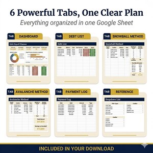 May include: A digital financial planning template with six tabs: Dashboard, Debt List, Snowball Method, Avalanche Method, Payment Log, and Reference. The template is designed for use in Google Sheets and includes a debt payoff planner.