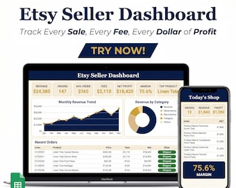 Panel de control de vendedor de Etsy en Google Sheets, hoja de cálculo de seguimiento de la tienda, análisis de ventas, calculadora de beneficios.