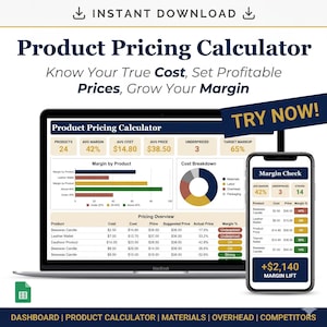 May include: A laptop and smartphone display a product pricing calculator interface. The screen shows data visualizations, including charts and tables with cost, price, and margin information. The text "Product Pricing Calculator" is prominently displayed.