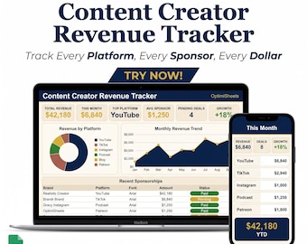 Plantilla de Google Sheets para el seguimiento de ingresos de creadores de contenido para YouTubers, TikTokers, Bloggers y Podcasters.