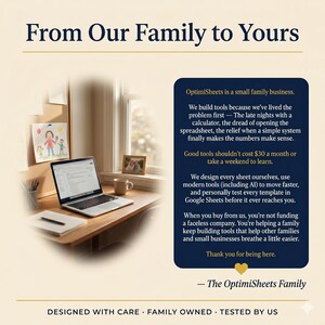 May include: A home office scene featuring a laptop on a wooden desk, a coffee mug, and a framed photo. The text "From Our Family to Yours" is at the top, with a description of the business and its values. The words "Designed with Care, Family Owned, Tested by Us" are at the bottom.
