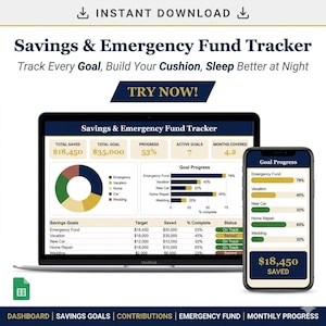 May include: A digital savings and emergency fund tracker displayed on a laptop and smartphone. The laptop screen shows a dashboard with financial goals, progress, and active goals. The smartphone displays a progress bar and the amount saved.