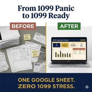May include: Image comparing tax preparation before and after using a Google Sheet. The "before" side shows paperwork, sticky notes, and a calculator. The "after" side displays a laptop screen with a 1099 Contractor Tracker. Text reads "From 1099 Panic to 1099 Ready."