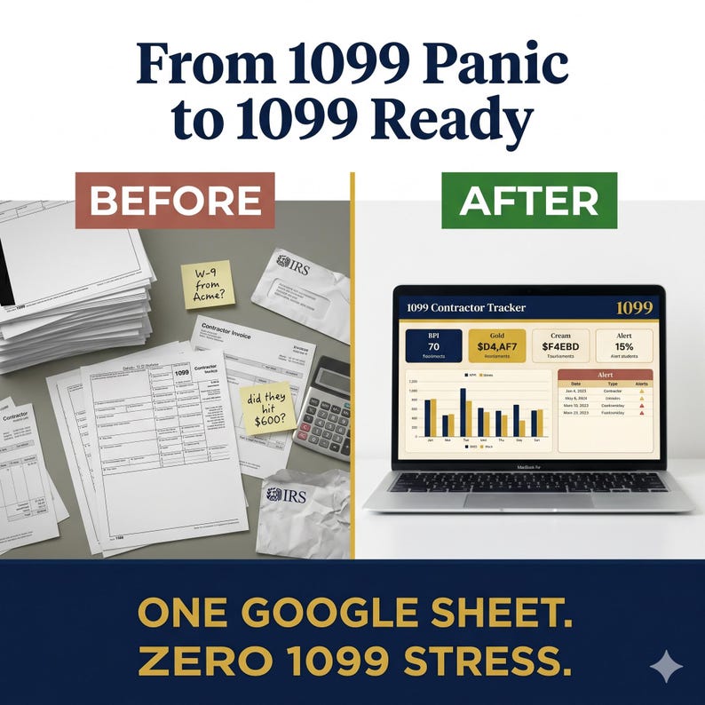 May include: Image comparing tax preparation before and after using a Google Sheet. The "before" side shows paperwork, sticky notes, and a calculator. The "after" side displays a laptop screen with a 1099 Contractor Tracker. Text reads "From 1099 Panic to 1099 Ready."