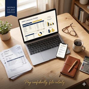 May include: A laptop, smartphone, and printed invoices are arranged on a wooden desk. The laptop displays a 1099 Contractor Tracker, and the smartphone shows an app interface. Other items include a leather journal, glasses, a mug of coffee, and a calculator.