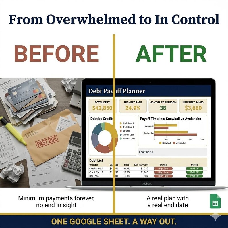 May include: A side-by-side comparison showing financial disarray and organization. The "BEFORE" side displays bills, credit cards, and a calculator. The "AFTER" side shows a laptop screen with a debt payoff planner. Text reads "From Overwhelmed to In Control."