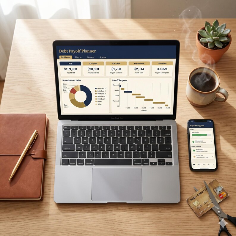May include: A laptop displaying a "Debt Payoff Planner" with financial data, a brown leather notebook, a gold pen, a smartphone, a cup of coffee, and a small potted plant on a wooden desk. Scissors cut a credit card.