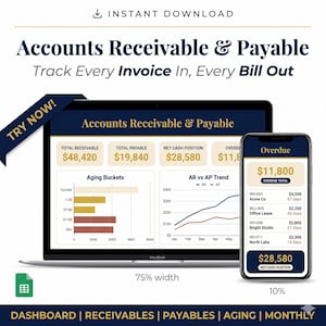 May include: A digital dashboard showing accounts receivable and payable data. The laptop screen displays financial information, including total receivable, payable, and net cash position. A smartphone shows overdue invoices and amounts.