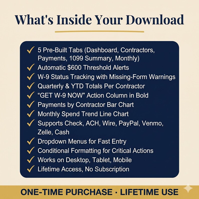 May include: A graphic with the text "What's Inside Your Download" and a list of features, including pre-built tabs, alerts, and payment tracking. The graphic also states "ONE-TIME PURCHASE - LIFETIME USE."