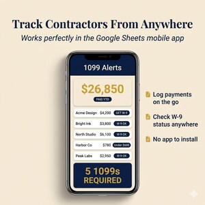 May include: A smartphone screen displays a financial tracking app interface. The app shows a total of $26,850 paid year-to-date, with individual contractor payments and W-9 status. Text at the top reads "Track Contractors From Anywhere."