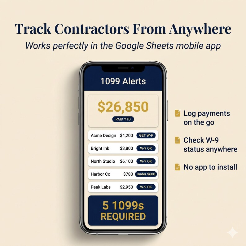 May include: A smartphone screen displays a financial tracking app interface. The app shows a total of $26,850 paid year-to-date, with individual contractor payments and W-9 status. Text at the top reads "Track Contractors From Anywhere."