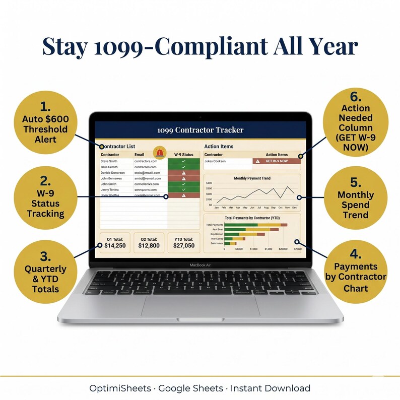 May include: A silver MacBook Air laptop displaying a 1099 Contractor Tracker spreadsheet. The screen shows data analysis features, including auto alerts, W-9 status tracking, quarterly totals, and payment charts. Text at the top reads "Stay 1099-Compliant All Year."