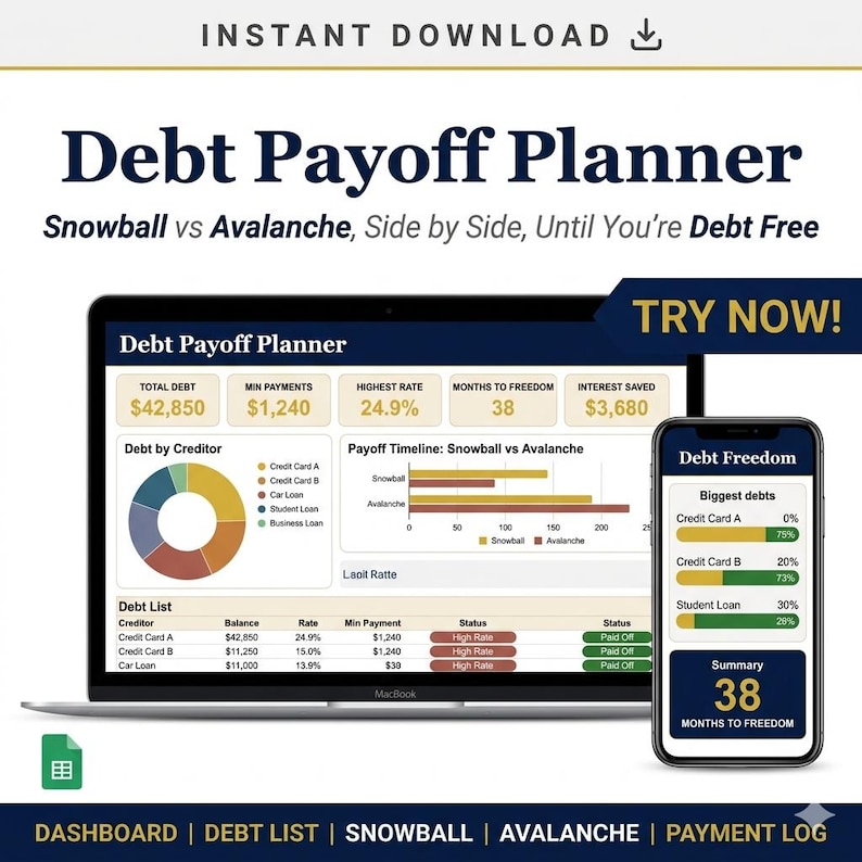 May include: A digital debt payoff planner displayed on a laptop and smartphone. The laptop screen shows a debt summary, and the phone displays debt freedom metrics. The text reads "Debt Payoff Planner" and "Snowball vs Avalanche".
