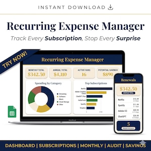May include: A digital Recurring Expense Manager spreadsheet template displayed on a laptop and smartphone screen. The interface features a dashboard with monthly and annual totals, active subscription counts, potential savings, a pie chart, and a list of top subscriptions with renewal dates and costs.