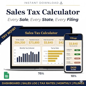 May include: A digital sales tax calculator interface is displayed on a laptop and a smartphone. The laptop screen shows sales data, charts, and state-by-state tax information. The smartphone displays filing details. The text reads "Sales Tax Calculator".