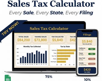 Calculadora de impuestos sobre las ventas en Google Sheets, rastreador de impuestos del IVA para vendedores en línea y pequeñas empresas.