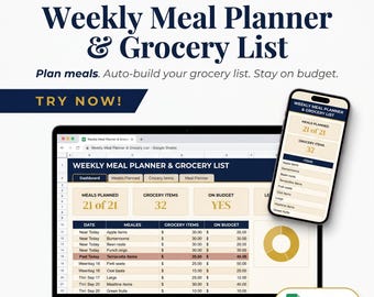 Weekly Meal Planner & Grocery List | Auto-Build Recipes, Budget Tracker (Google Sheets)